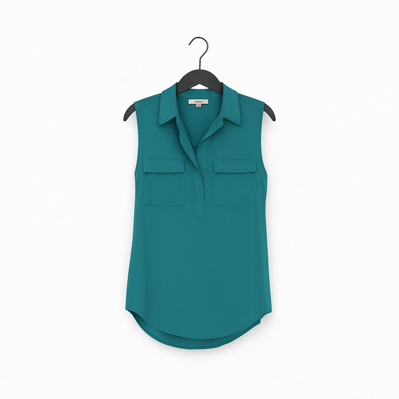 LOFT Teal Blue Mixed Media Sleeveless Split Neck Blouse - Size Medium 💙✨💚 - Picture 3 of 11